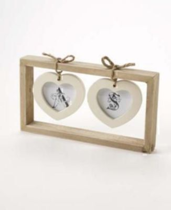Heaven Sends wooden photo frame with cream twin hearts hanging in the centre. Size 24x3x13cm. For photo size 8x8cm